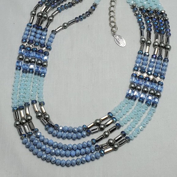 ALI KHAN blue opal and aquamarine multi layered glass beaded statement necklace - Picture 2 of 5